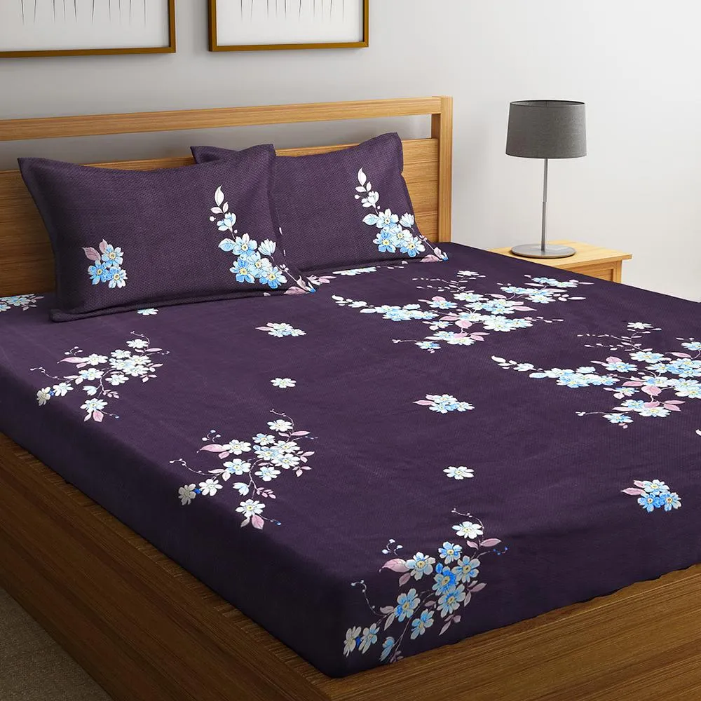 Florida Polycotton Double Floral Purple Bedsheet with Pillow Cover Queen