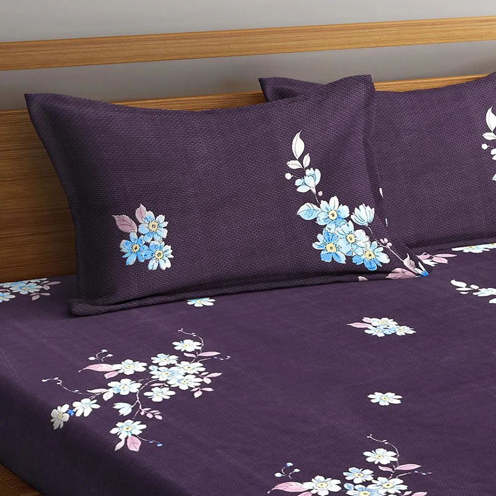 Florida Polycotton Single Floral Purple Bedsheet with Pillow Cover