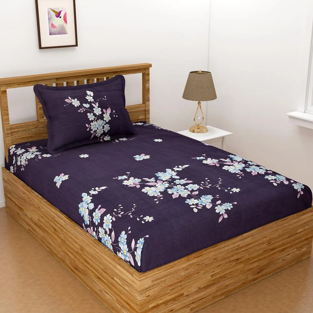 Florida Polycotton Single Floral Purple Bedsheet with Pillow Cover