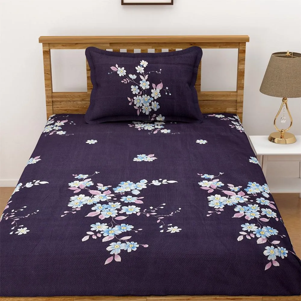 Florida Polycotton Single Floral Purple Bedsheet with Pillow Cover