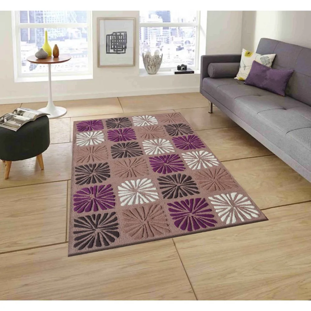 Flower Blocked Designer Purple & Brown Tufted Area Carpet 3X5ft