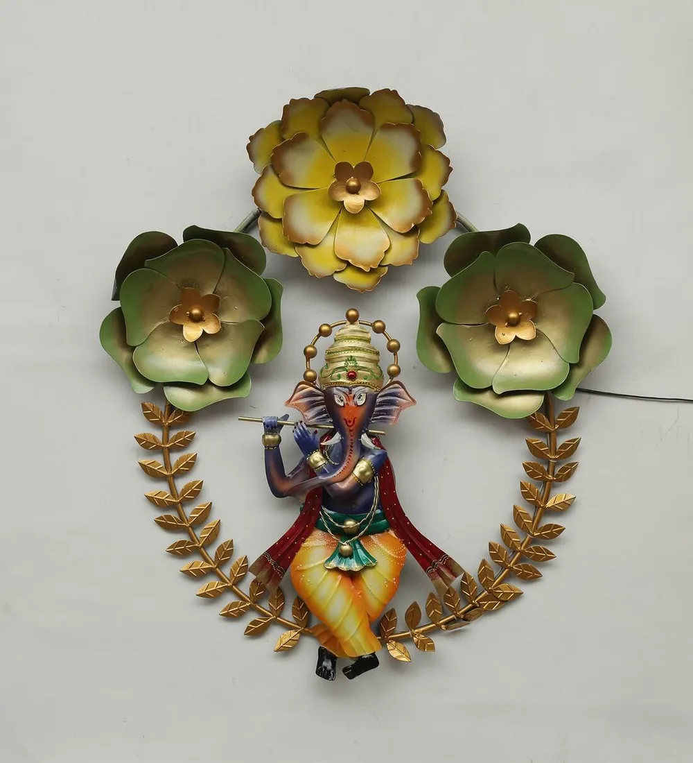 Flower Decorated Ganesha LED Metal Wall Art