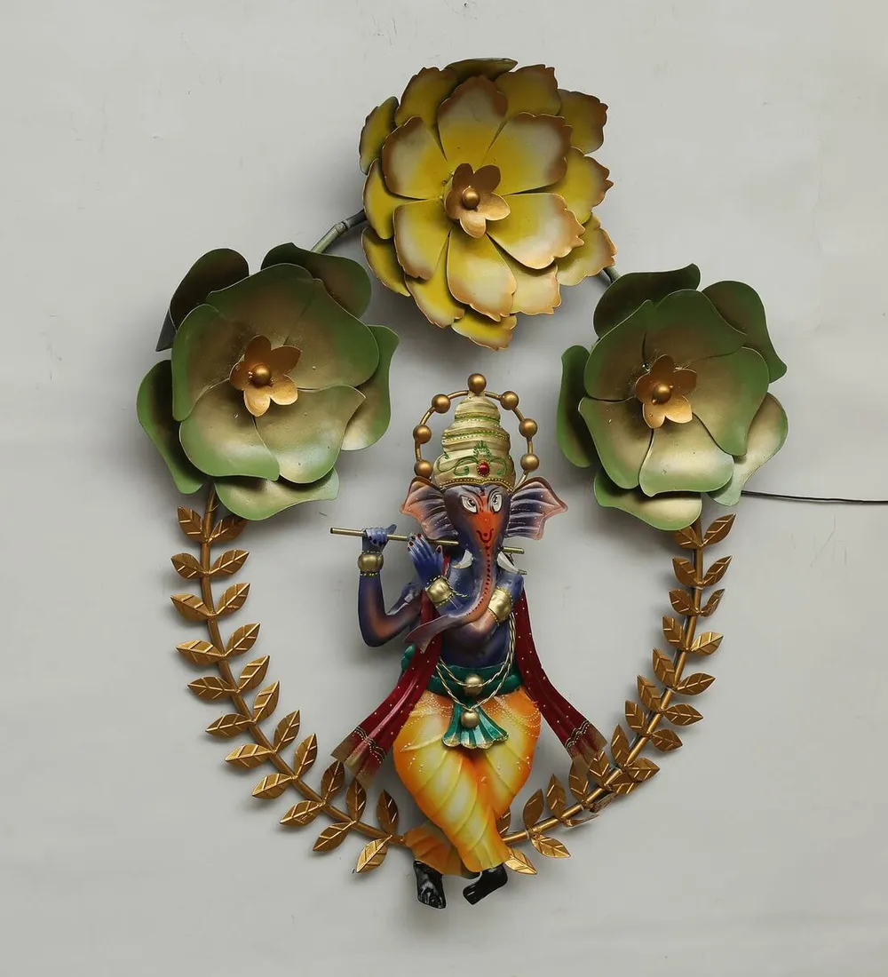 Flower Decorated Ganesha LED Metal Wall Art