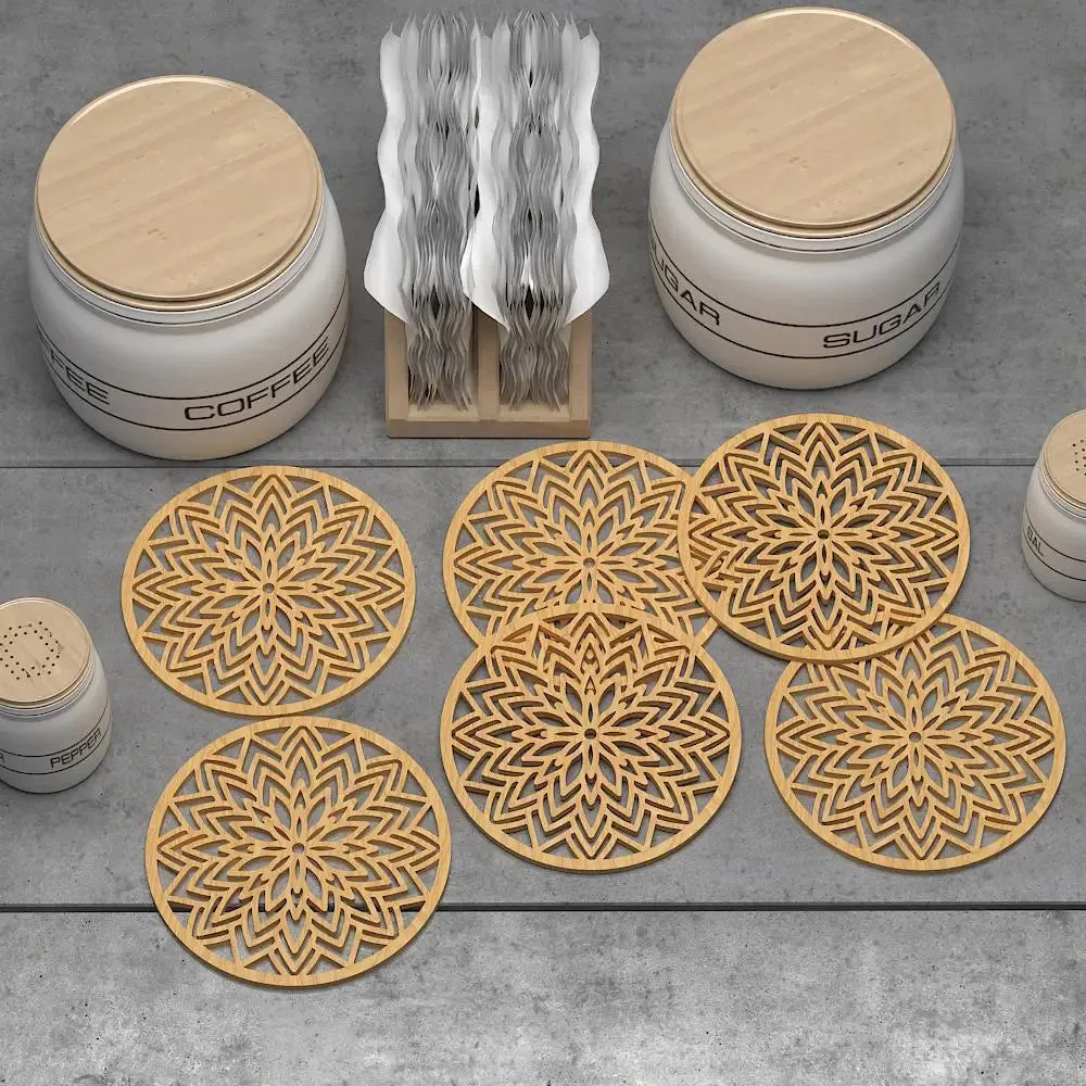 Flower Design Wooden Coasters Light Oak Finish