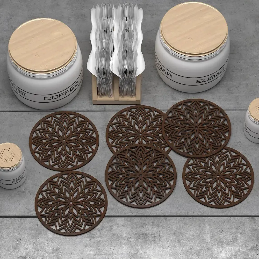 Flower Design Wooden Coasters Walnut Finish