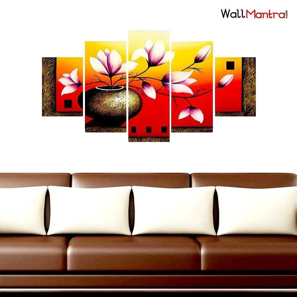 Flower Pot Wall Art Canvas Painting In 5 Pieces Wooden Frame