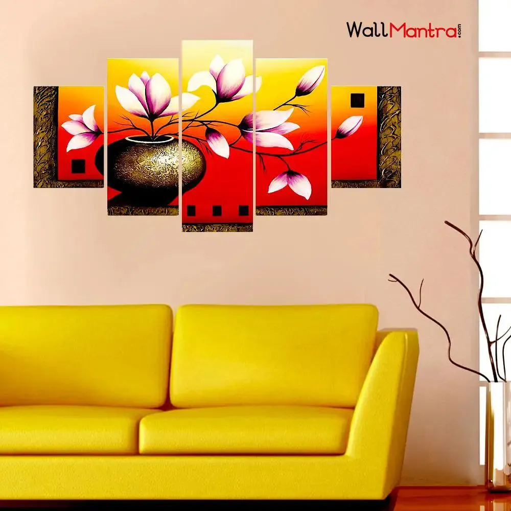 Flower Pot Wall Art Canvas Painting In 5 Pieces Wooden Frame