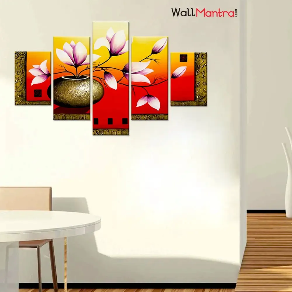 Flower Pot Wall Art Canvas Painting In 5 Pieces Wooden Frame