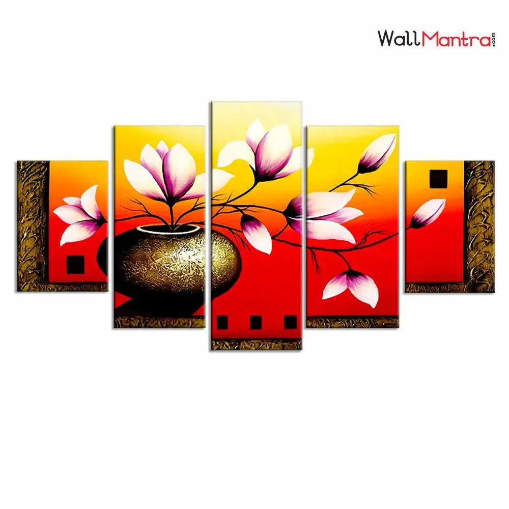Flower Pot Wall Art Canvas Painting In 5 Pieces Wooden Frame