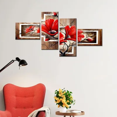 Flower Wall Art Canvas Painting 4 Pieces In Wooden Frame
