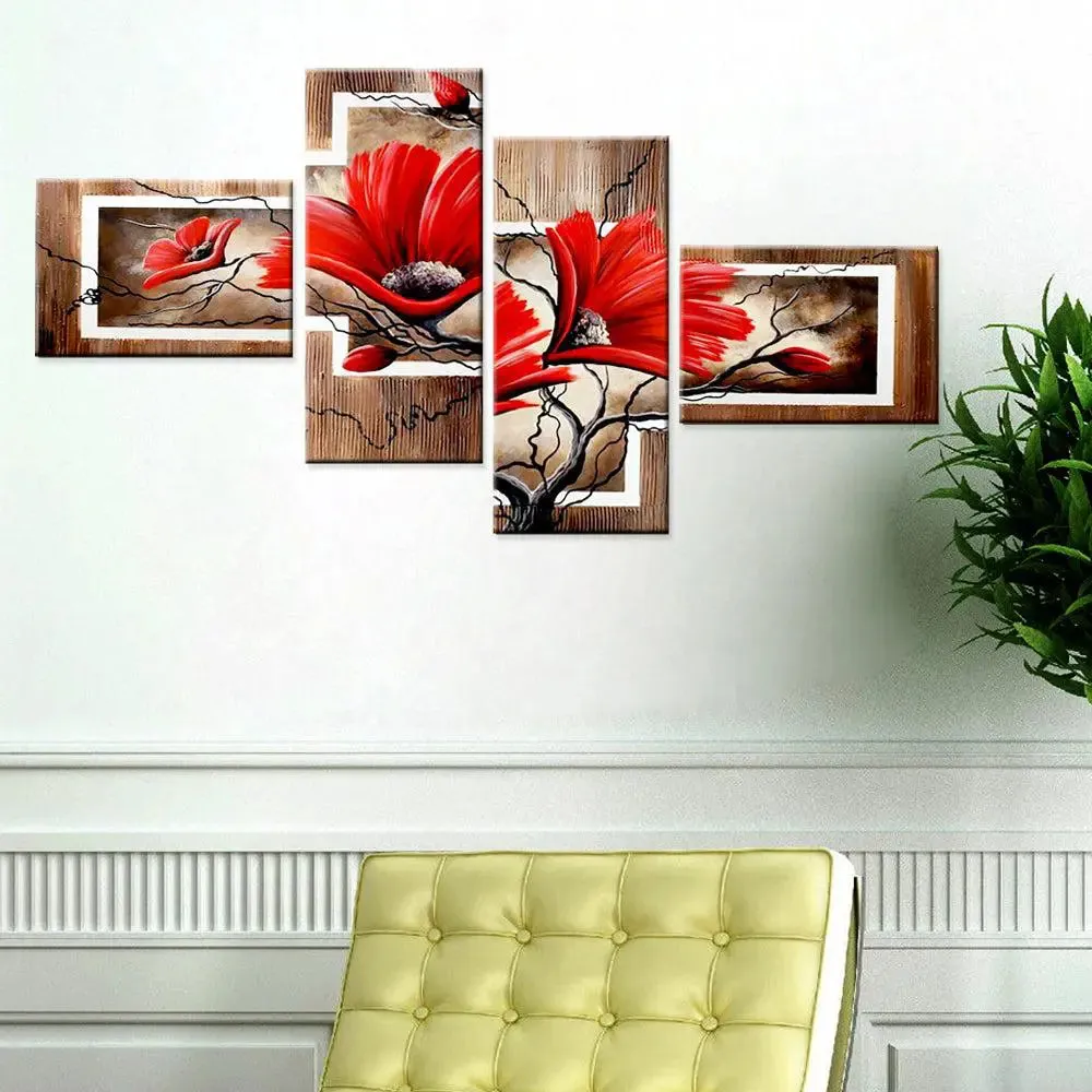 Flower Wall Art Canvas Painting 4 Pieces In Wooden Frame