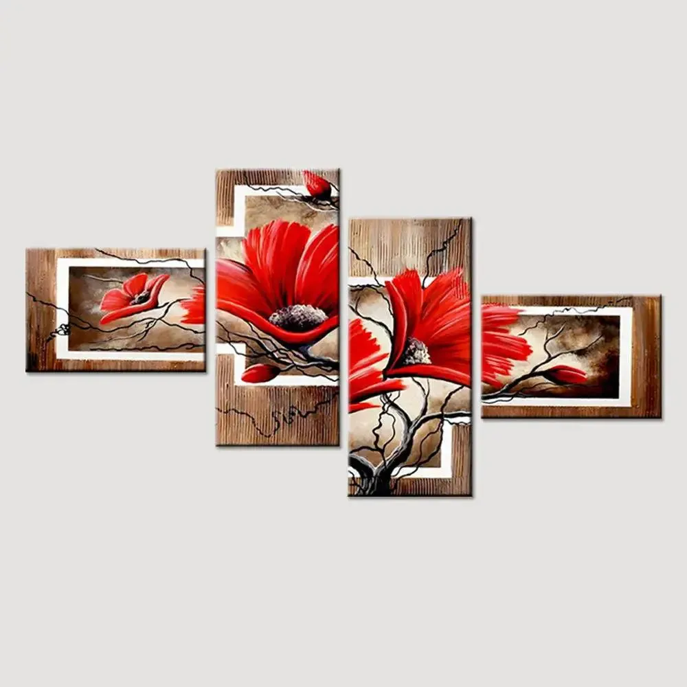 Flower Wall Art Canvas Painting 4 Pieces In Wooden Frame