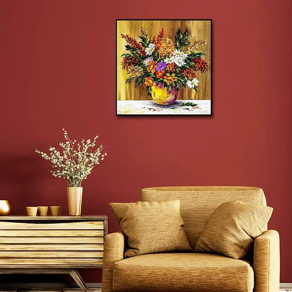 Flowerpot With Abstract Background Canvas Painting With Black Floating Frame Size: 57 cm (H) X 57 cm (W)