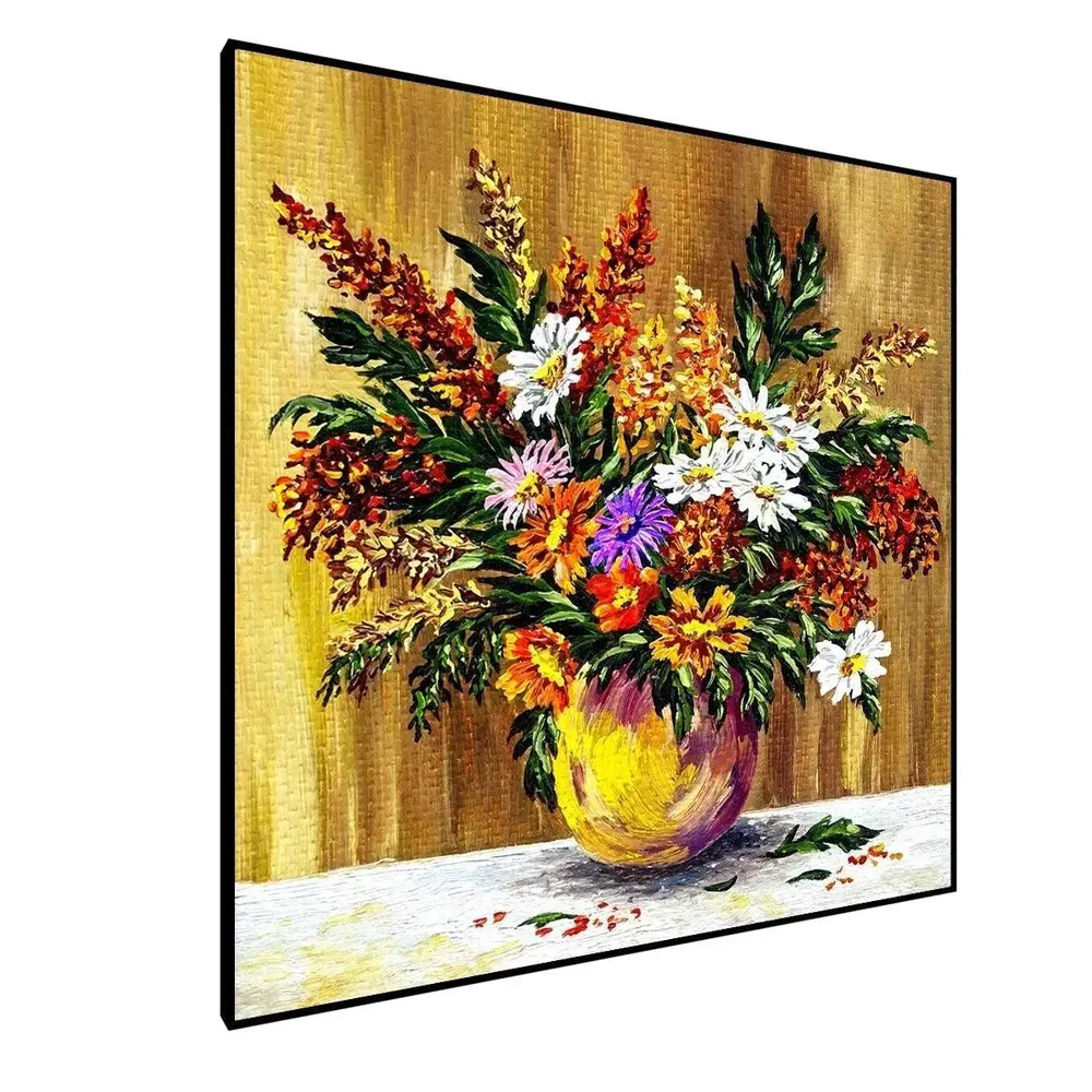 Flowerpot With Abstract Background Canvas Painting With Black Floating Frame Size: 57 cm (H) X 57 cm (W)