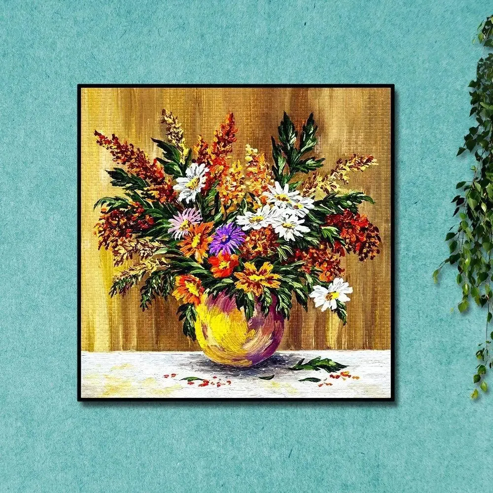 Flowerpot With Abstract Background Canvas Painting With Black Floating Frame Size: 57 cm (H) X 57 cm (W)