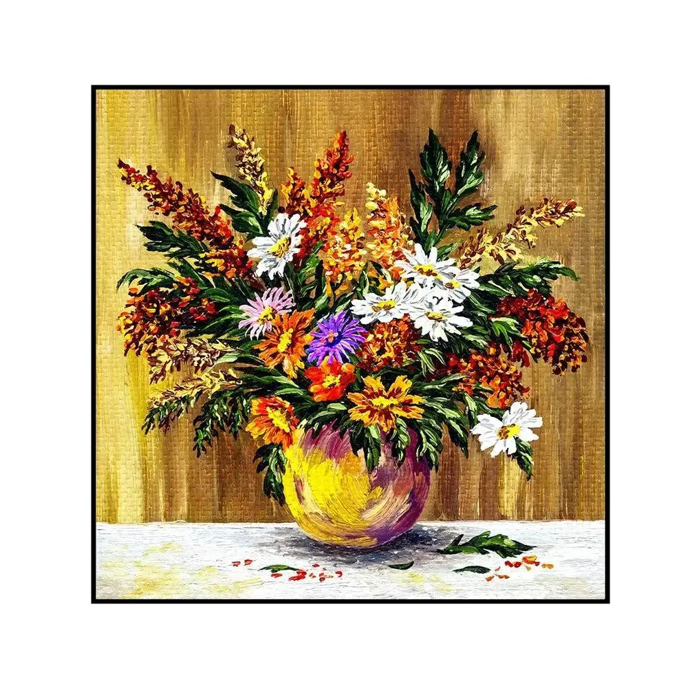 Flowerpot With Abstract Background Canvas Painting With Black Floating Frame Size: 57 cm (H) X 57 cm (W)