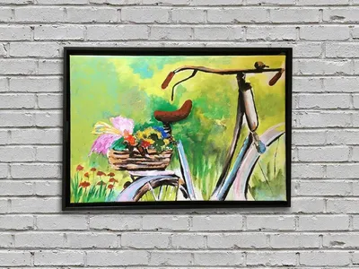 Flowers Basket on Bicycle Handmade Painting / Black Frame (Size - 18 inch (H) X 26 inch (W)
