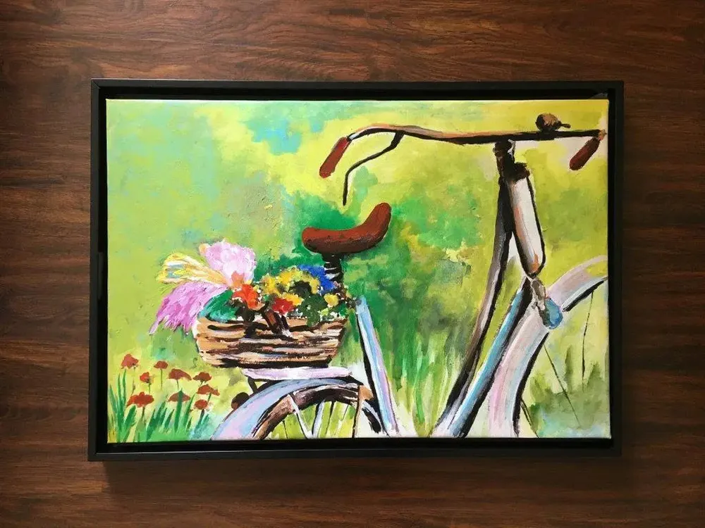 Flowers Basket on Bicycle Handmade Painting / Black Frame (Size - 18 inch (H) X 26 inch (W)