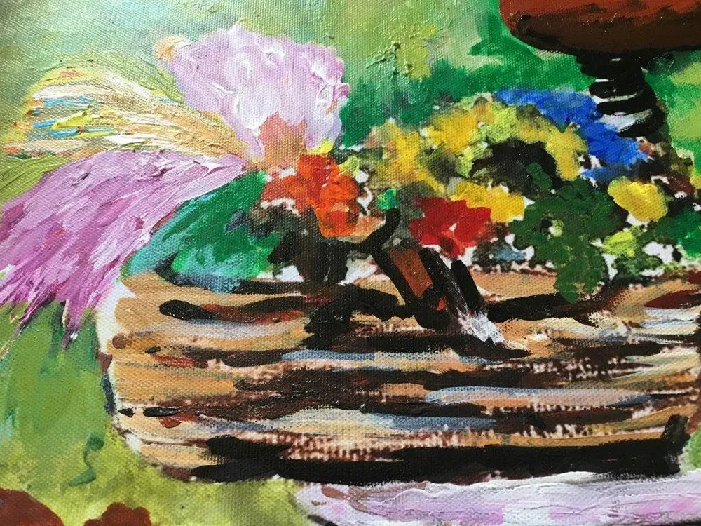 Flowers Basket on Bicycle Handmade Painting / Black Frame (Size - 18 inch (H) X 26 inch (W)