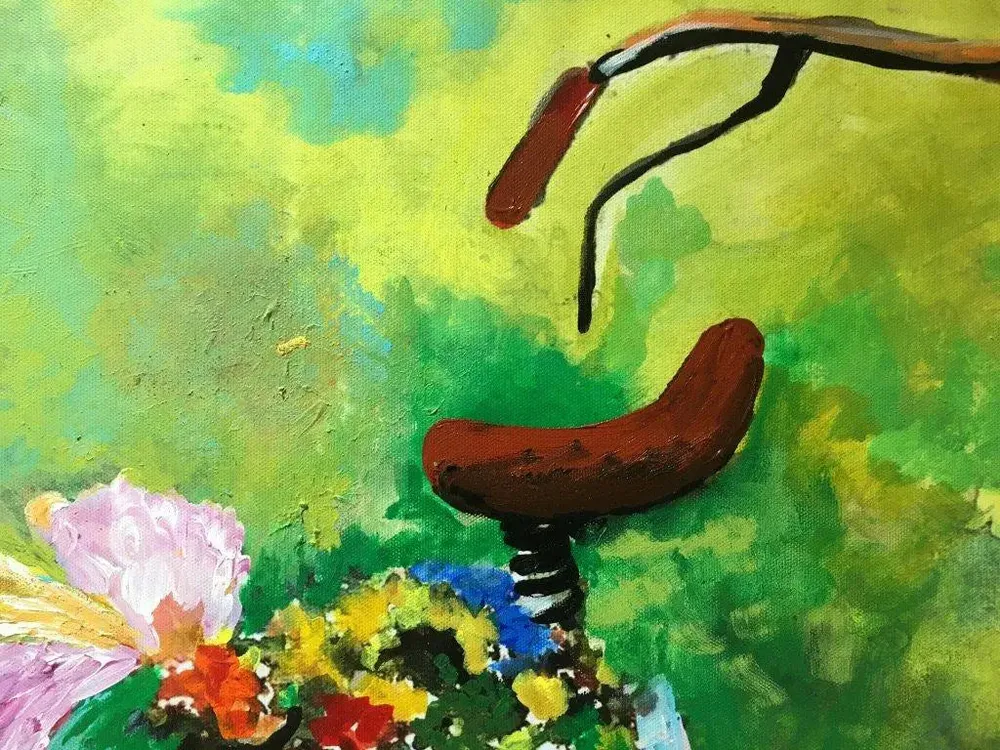 Flowers Basket on Bicycle Handmade Painting / Black Frame (Size - 18 inch (H) X 26 inch (W)