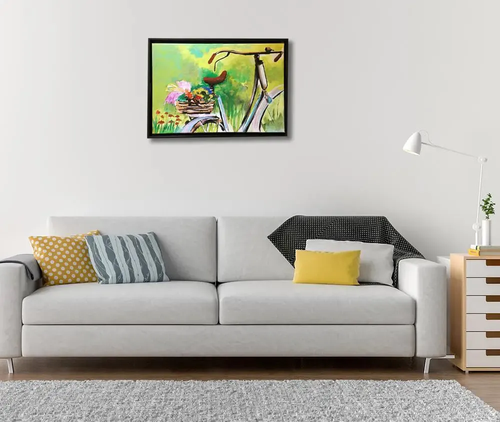 Flowers Basket on Bicycle Handmade Painting / Black Frame (Size - 18 inch (H) X 26 inch (W)