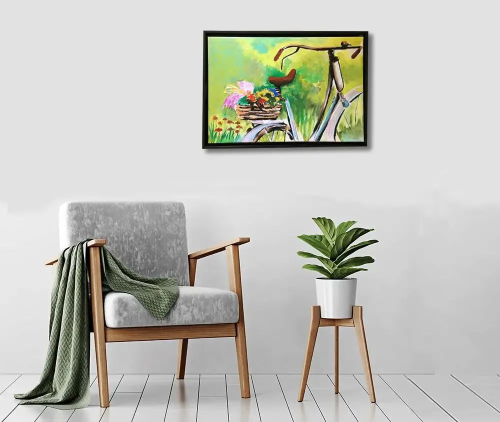 Flowers Basket on Bicycle Handmade Painting / Black Frame (Size - 18 inch (H) X 26 inch (W)