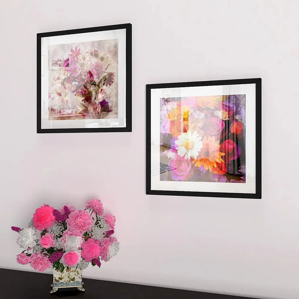 Flowers Bouquet Framed Wall Painting Set of 2 Break Resistant Clear Acrylic Glass wall Hangings