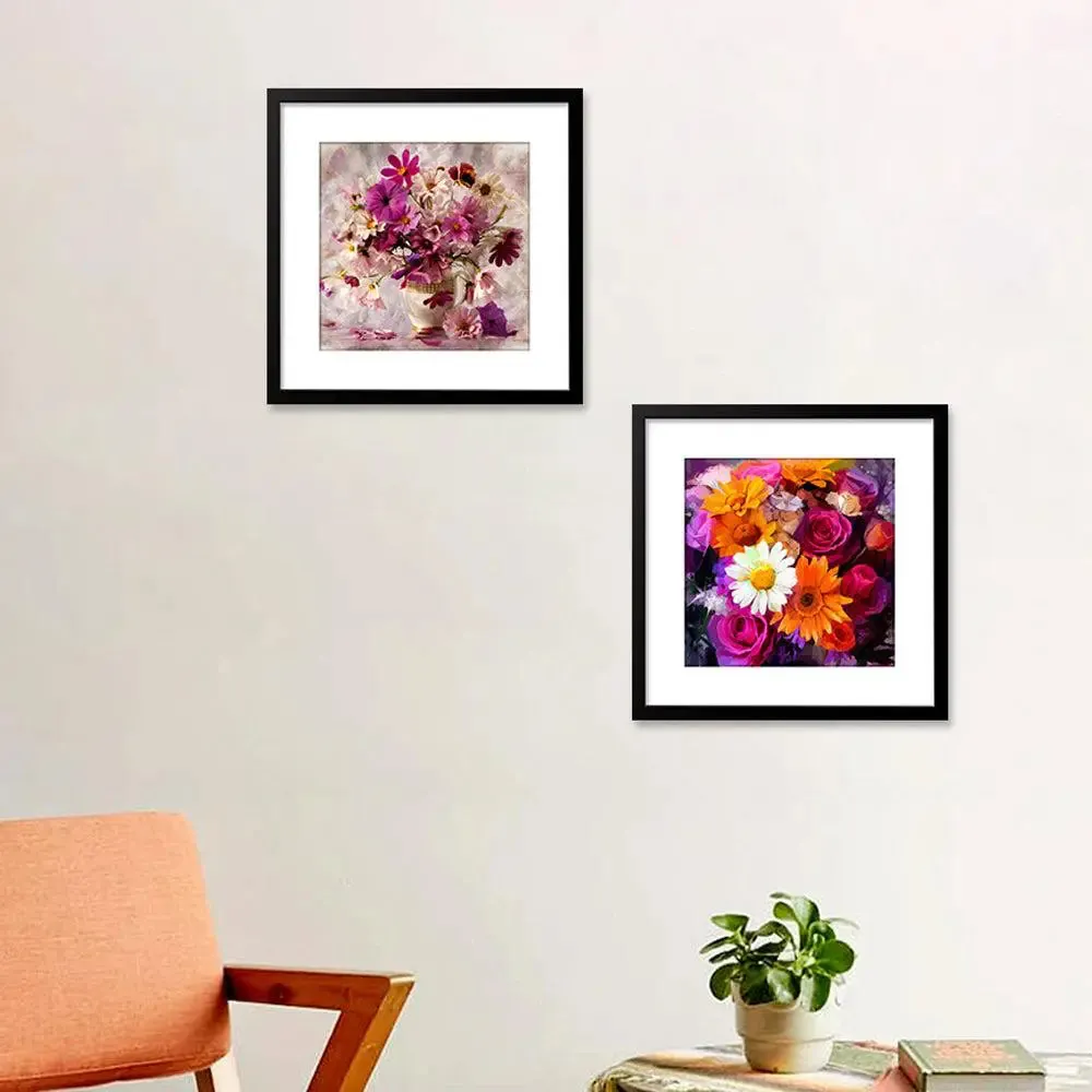 Flowers Bouquet Framed Wall Painting Set of 2 Break Resistant Clear Acrylic Glass wall Hangings