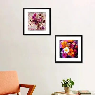 Flowers Bouquet Framed Wall Painting Set of 2 Break Resistant Clear Acrylic Glass wall Hangings