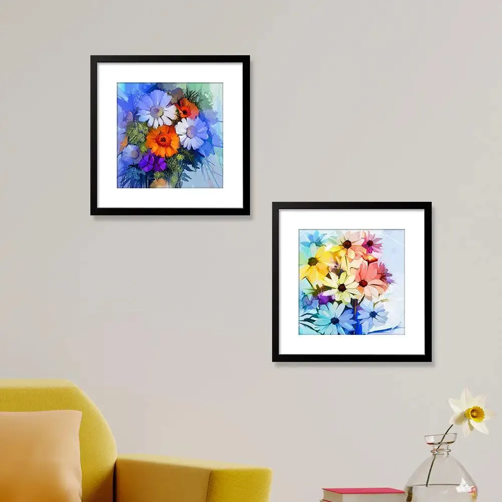 Flowers Colorful Bouquet Framed Wall Painting Set of 2