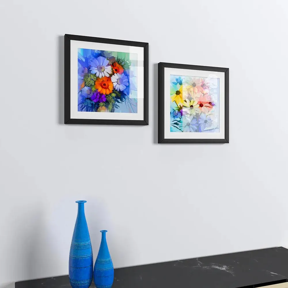 Flowers Colorful Bouquet Framed Wall Painting Set of 2
