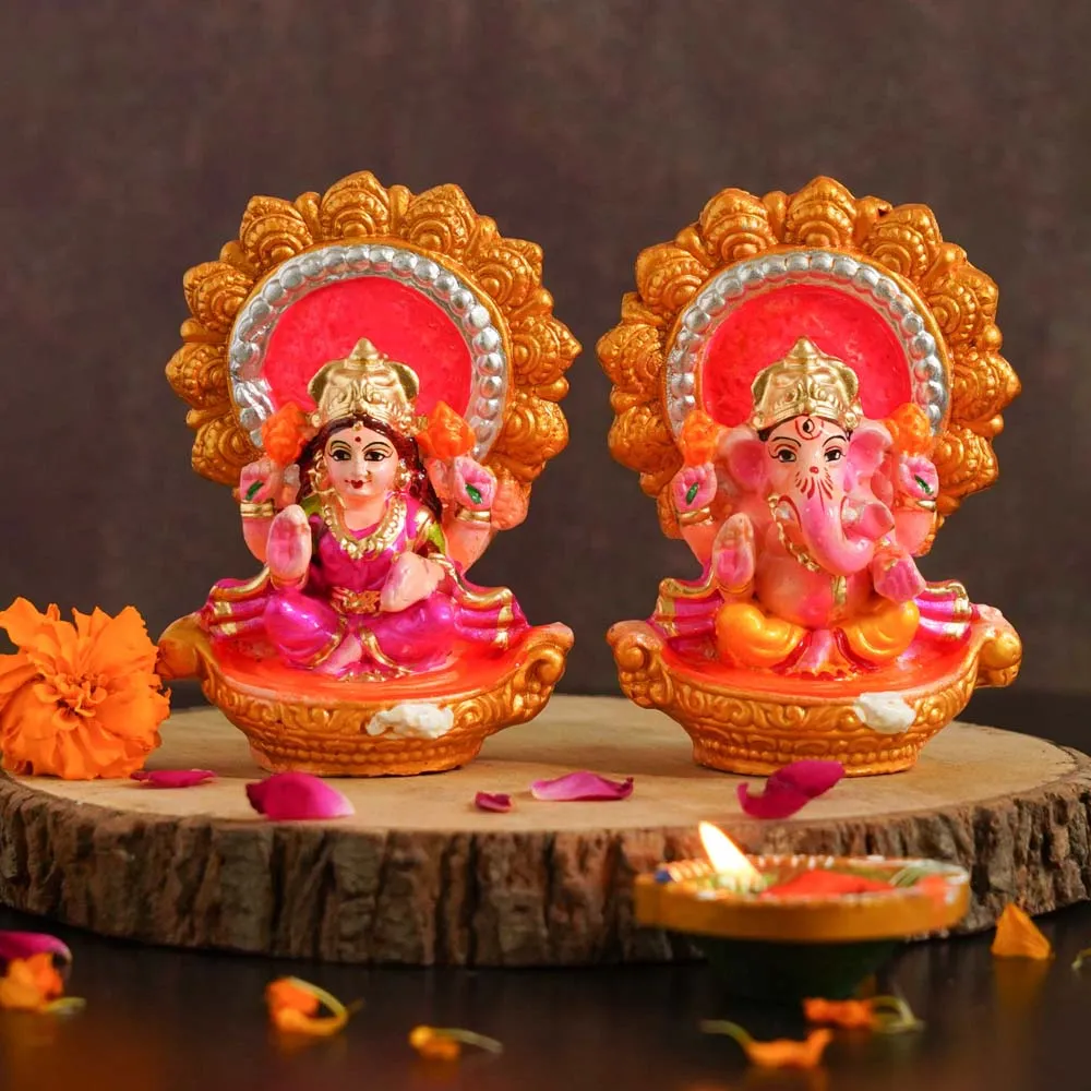 Fluorescent Handcrafted Lord Ganesha & Laxmi Showpiece Set Of 2