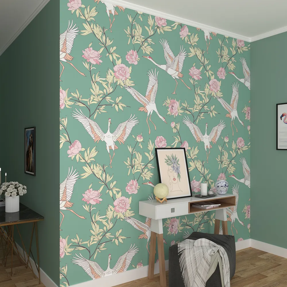 Flying Cheerful Flamingos Turquoise Premium Quality Wallpaper