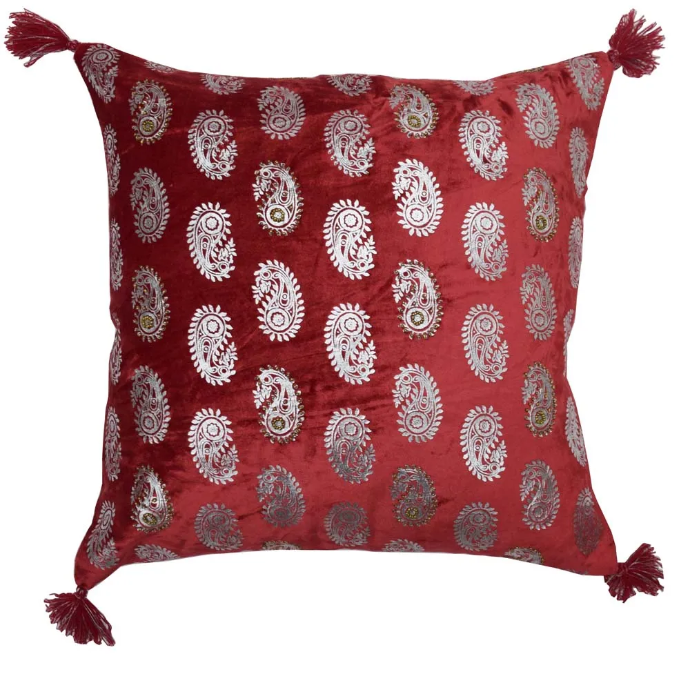 Foil Print Maroon Cotton Decorative Cushion Cover