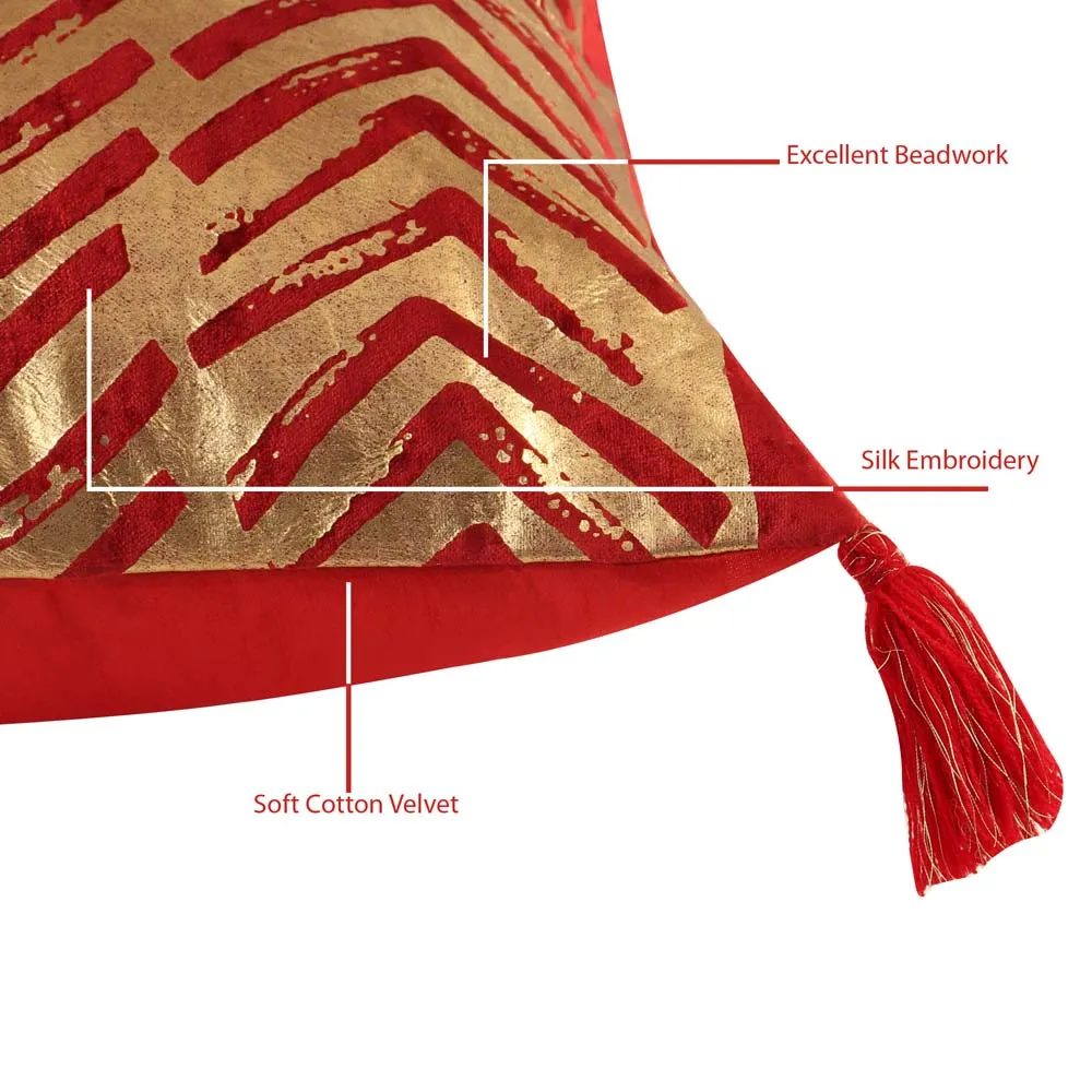 Foil Print Red & Gold Cotton Decorative Cushion Cover