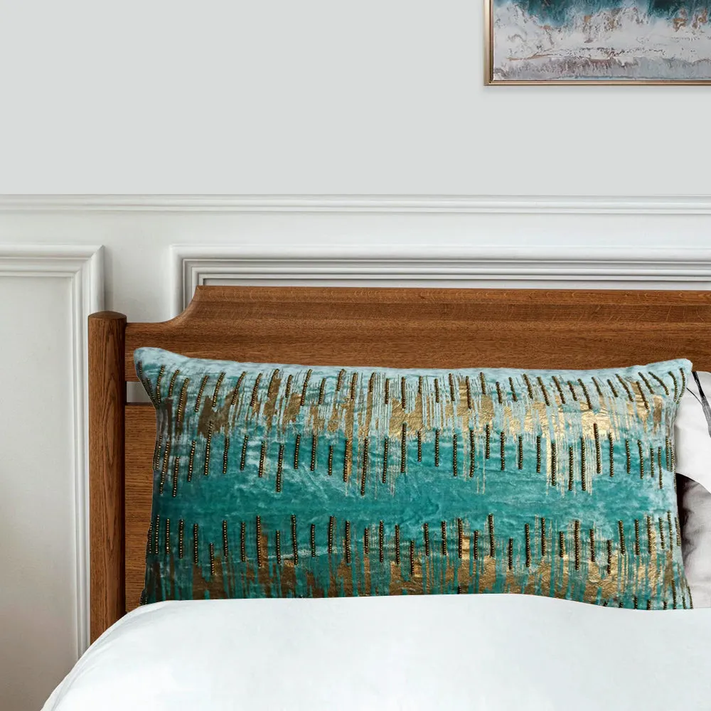 Foil Print Sea Green Cotton Decorative Cushion Cover