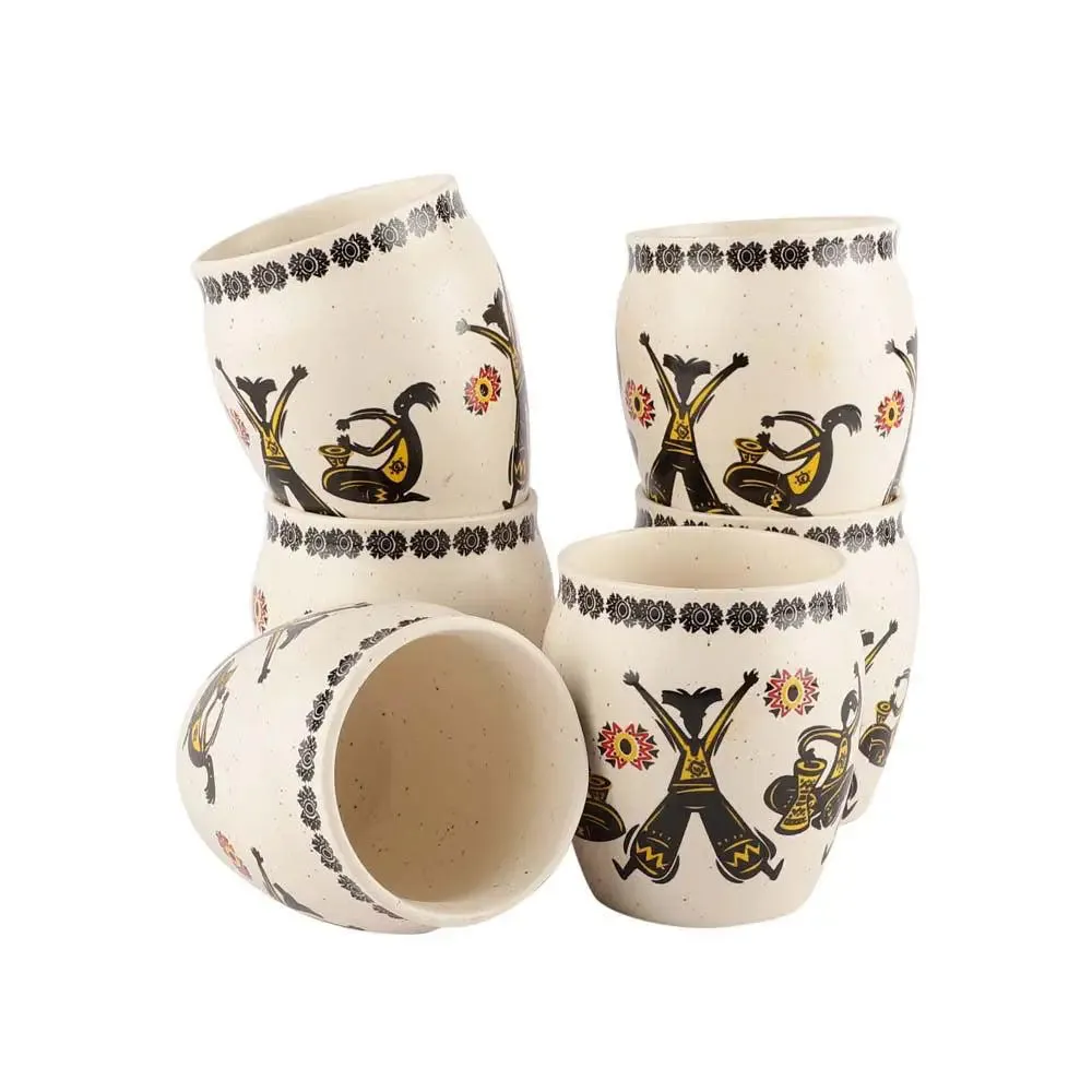 Folk Art Ethnic Handmade & Handprinted Ceramic Chai Kullad Set Of 6