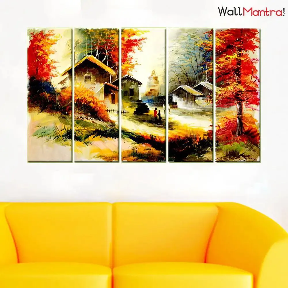 Forest House Scenery Canvas Painting Framed on Wood