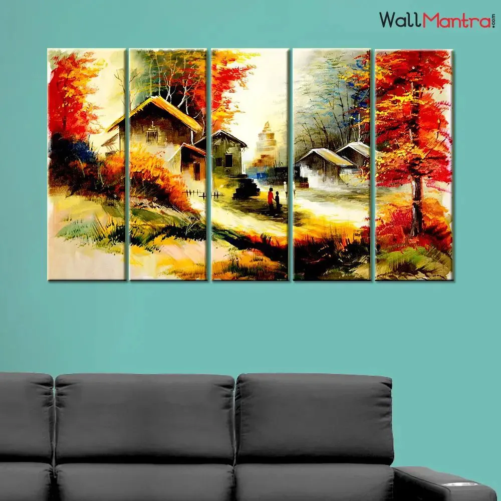 Forest House Scenery Canvas Painting Framed on Wood