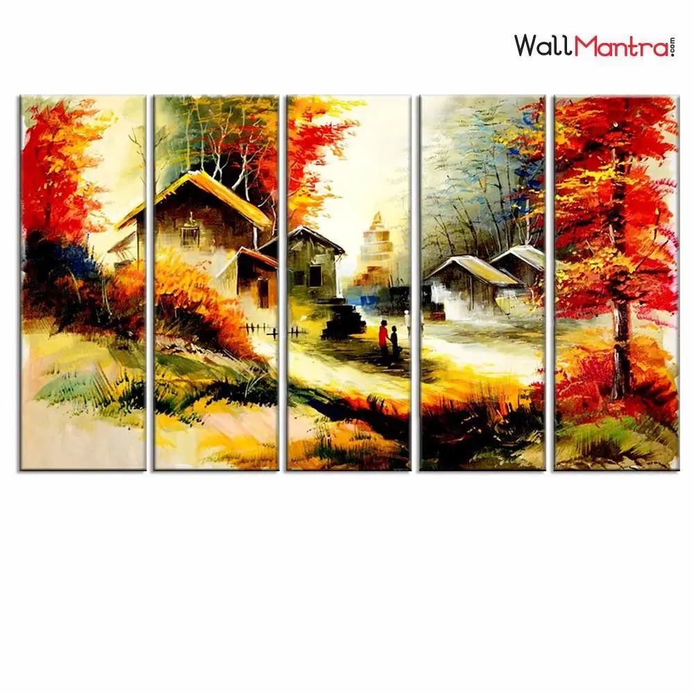 Forest House Scenery Canvas Painting Framed on Wood