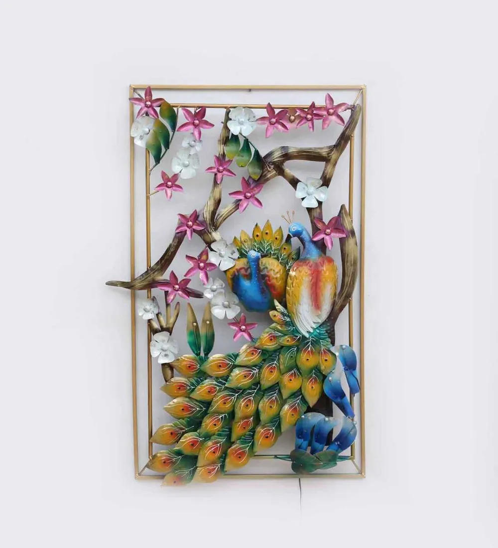 Framed Peacock On A Branch Backlit Metal Wall Art