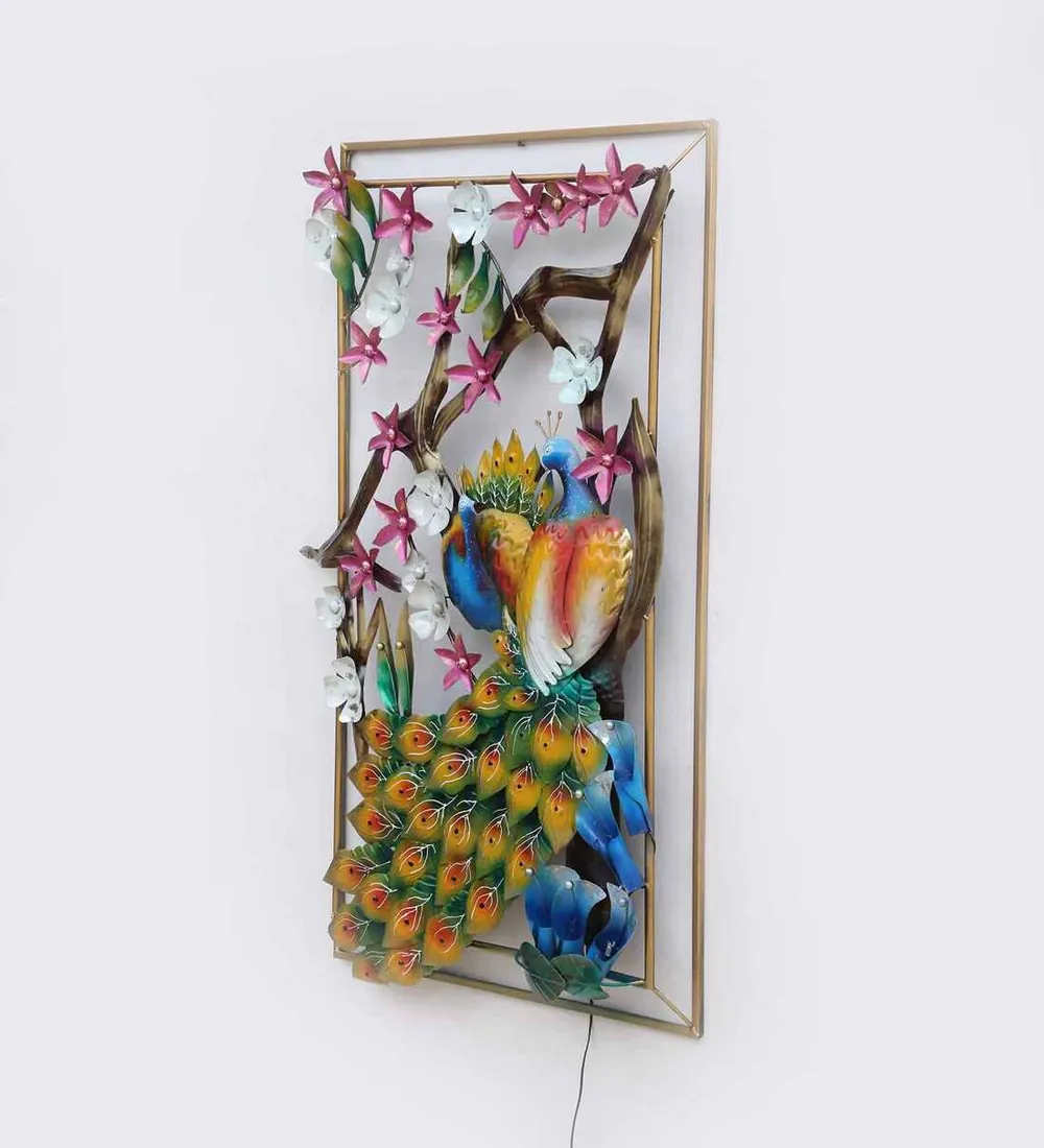 Framed Peacock On A Branch Backlit Metal Wall Art
