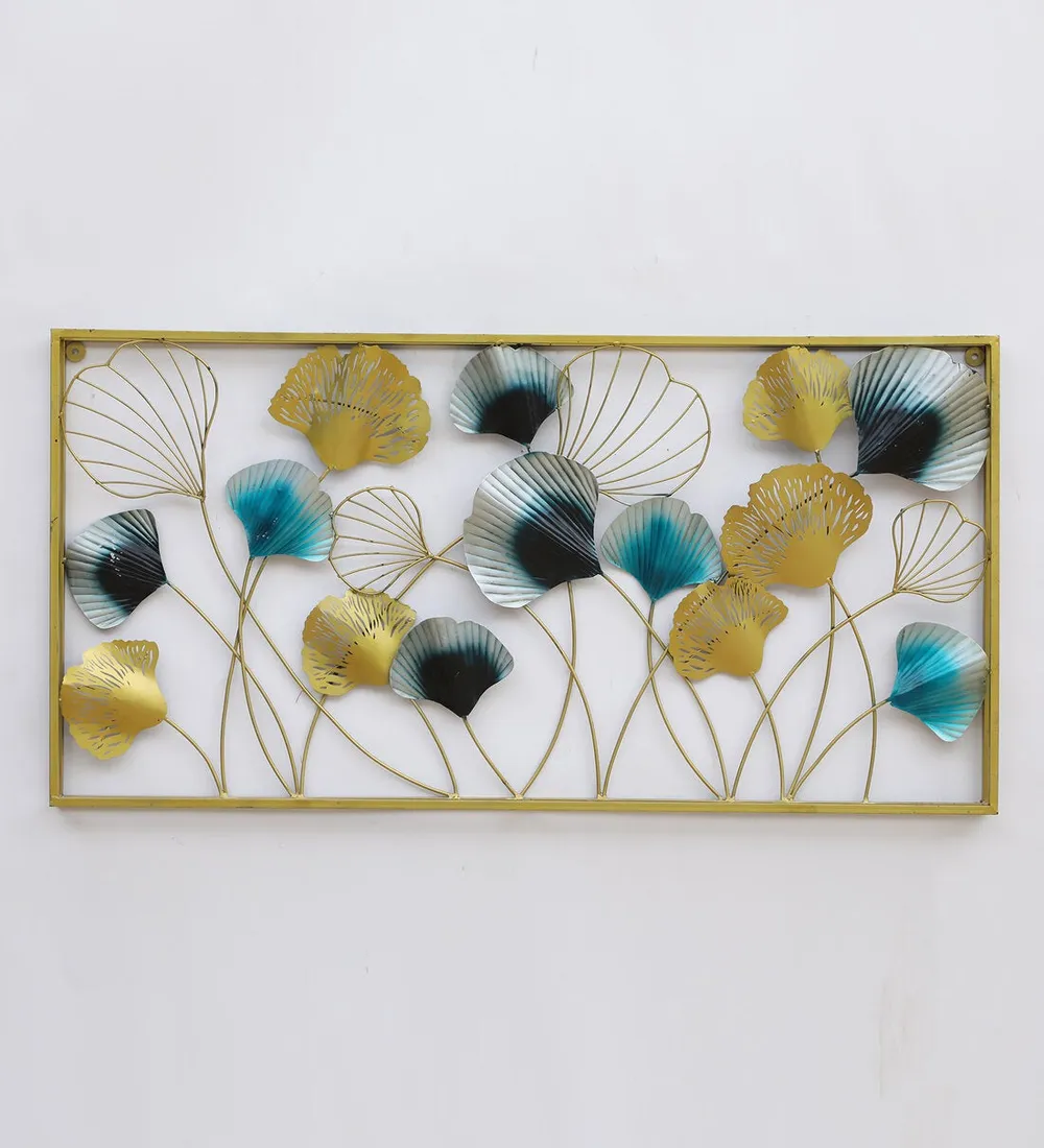 Framed Turquoise & Black Flower Metal Wall Art