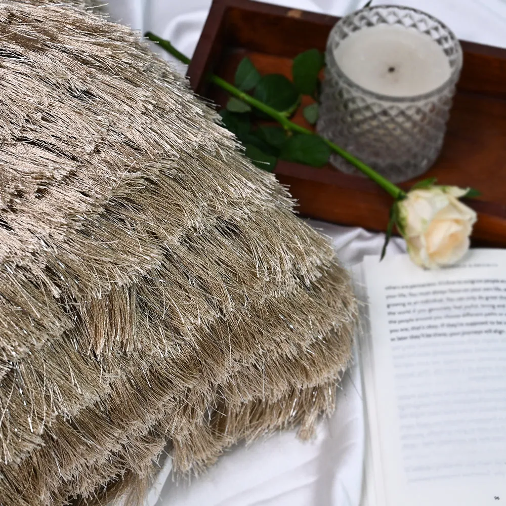 Fringed Polyester Gold Shaggy Cushion Cover