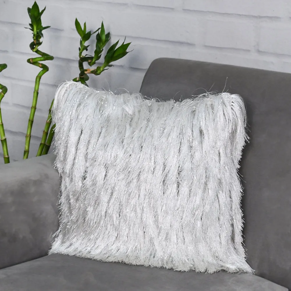 Fringed Polyester Ivory Shaggy Cushion Cover