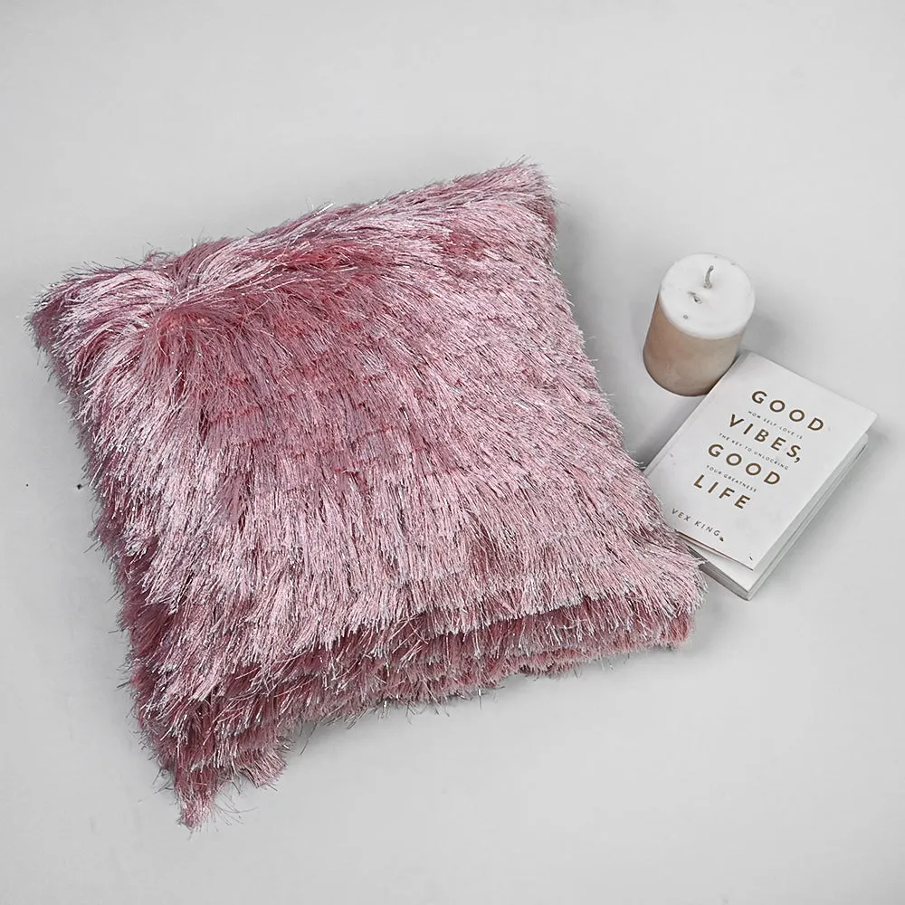 Fringed Polyester Pink Shaggy Cushion Cover