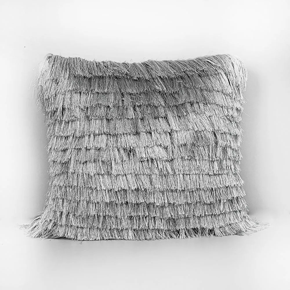 Fringed Polyester Silver Shaggy Cushion Cover