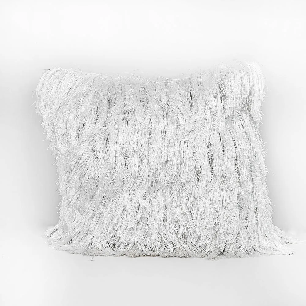 Fringed Polyester White Shaggy Cushion Cover