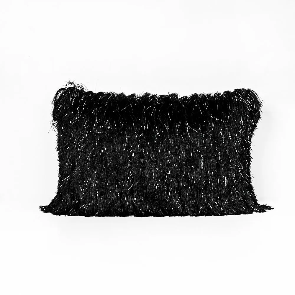 Fringed Polyester Wide Black Shaggy Cushion Cover