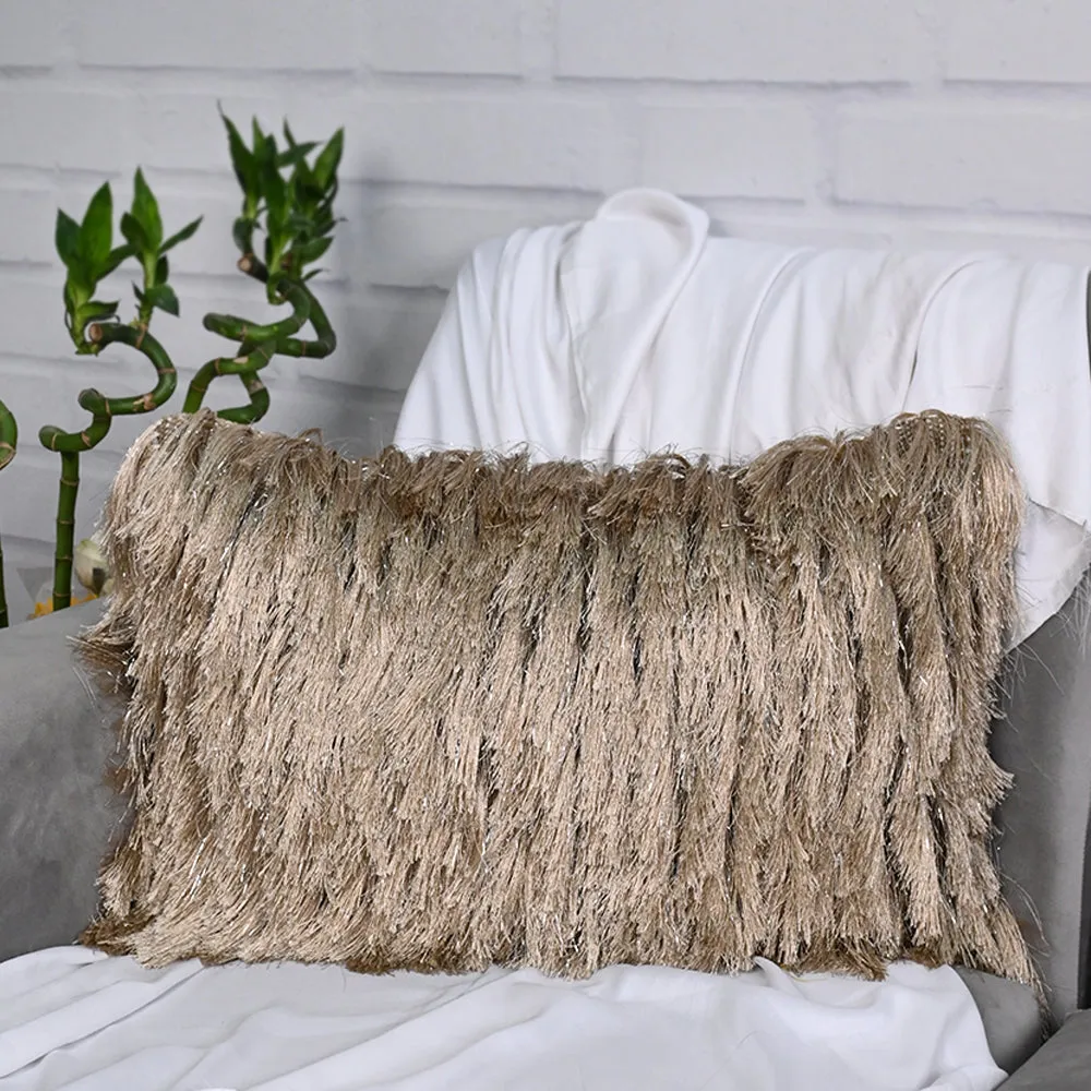 Fringed Polyester Wide Gold Shaggy Cushion Cover